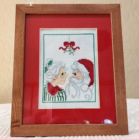 Handmade Other - Mr & Mrs Santa Clause Kissing Mistletoe Handmade Picture Cross-stitch Framed